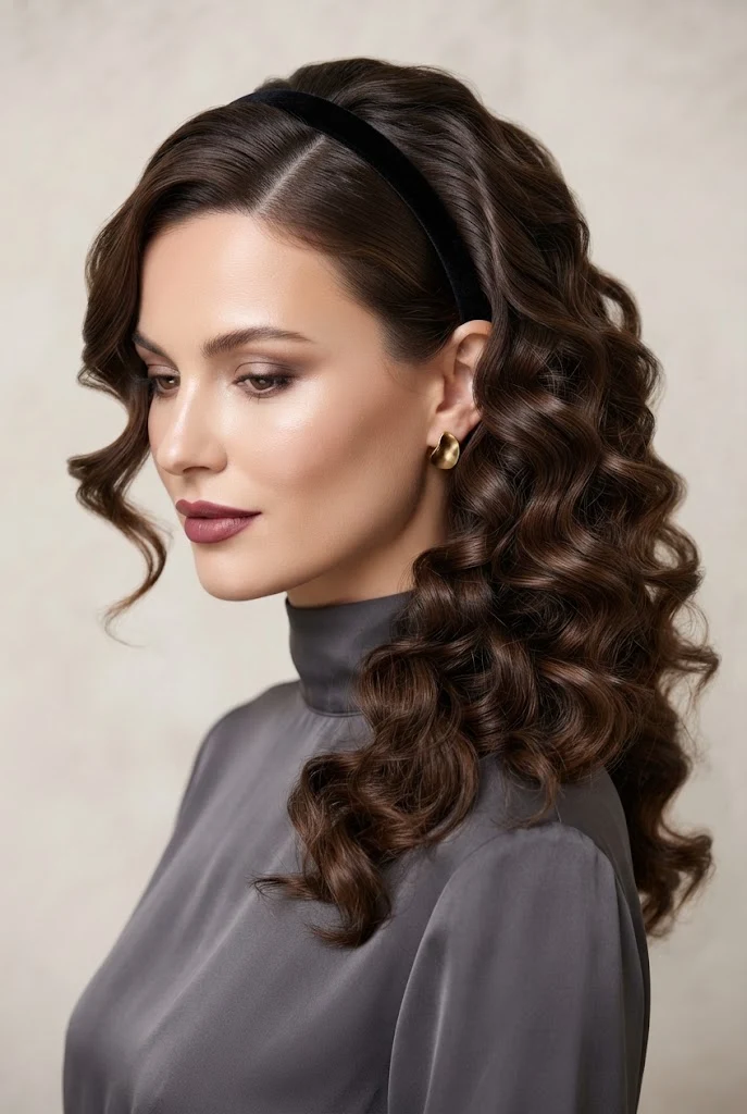 Deep Side-Parted Curls with Velvet Headband — peinados elegantes cabello corto suelto style outfit