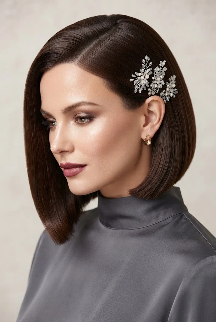 Ultra-Glossy Swept Bob with Beaded Clips — peinados elegantes cabello corto suelto style outfit