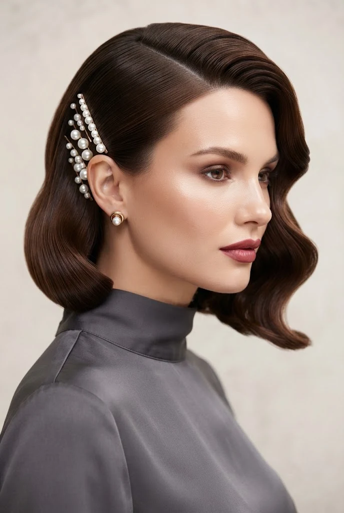 Sleek Side-Swept Bob with Pearl Pins — peinados elegantes cabello corto suelto style outfit