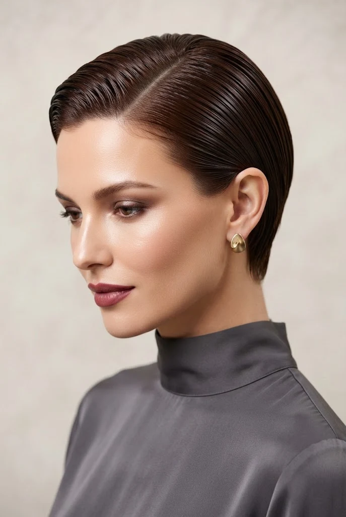 Wet-Look Glossy Crop for Evening Galas — peinados elegantes cabello corto suelto style outfit