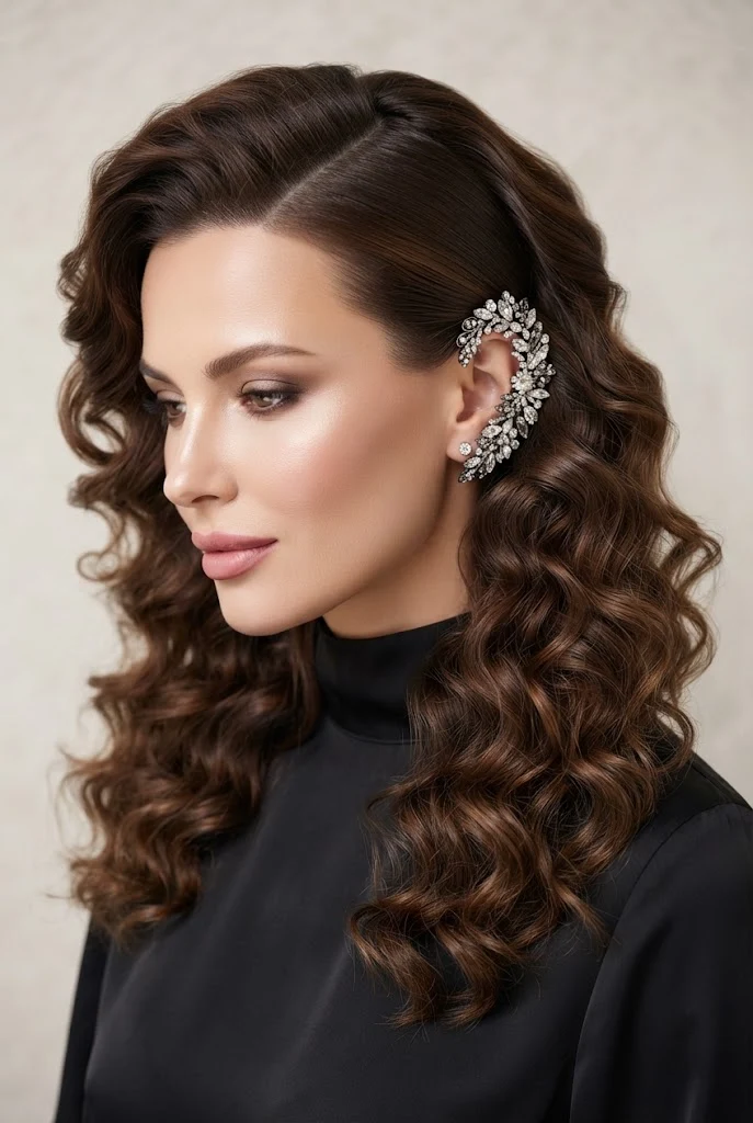 Swept-Back Curls with a Statement Ear Cuff — peinados elegantes cabello corto suelto style outfit