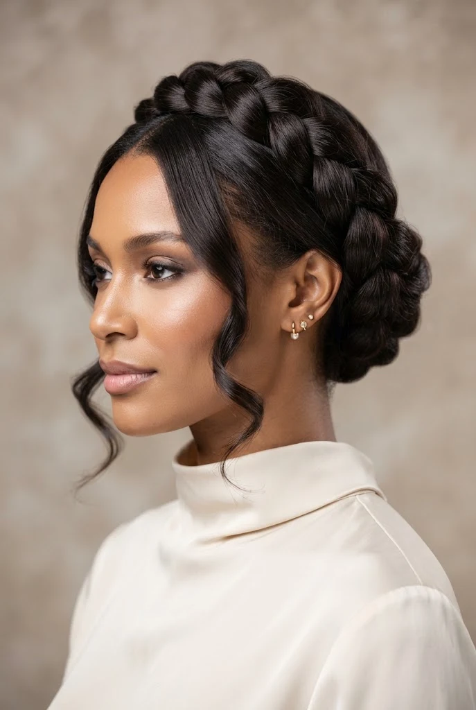 The Braided Halo Updo — peinados elegantes cabello medio style outfit