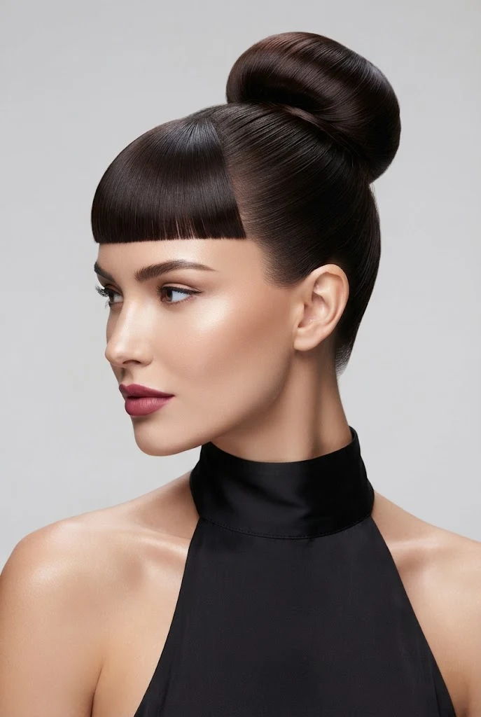 High Polished Bun with Blunt Micro-Bangs — peinados elegantes con flequillo style outfit