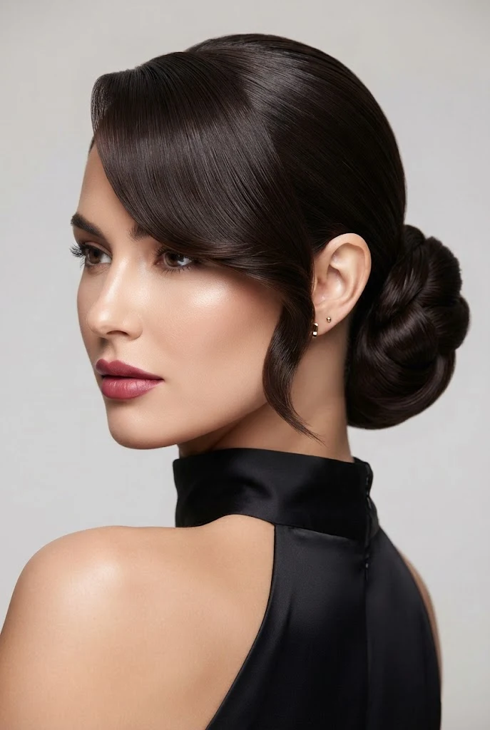 Low Side Bun with Cascading Side Bangs — peinados elegantes con flequillo style outfit