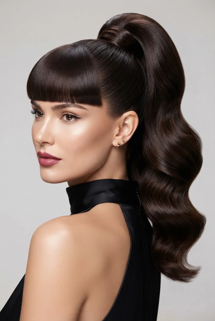 Volumetric High Ponytail with Blunt Bangs — peinados elegantes con flequillo style outfit