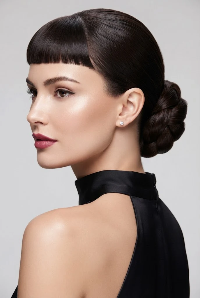 Twisted Low Chignon with Micro-Fringe — peinados elegantes con flequillo style outfit