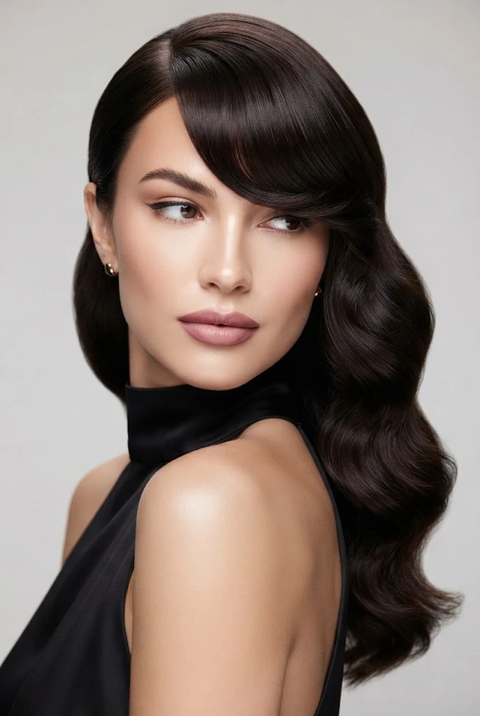 Side-Parted Old Hollywood Curls with Swept Bangs — peinados elegantes con flequillo style outfit