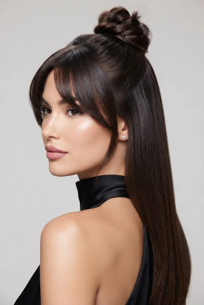 Half-Up Topknot with Curtain Bangs — peinados elegantes con flequillo style outfit