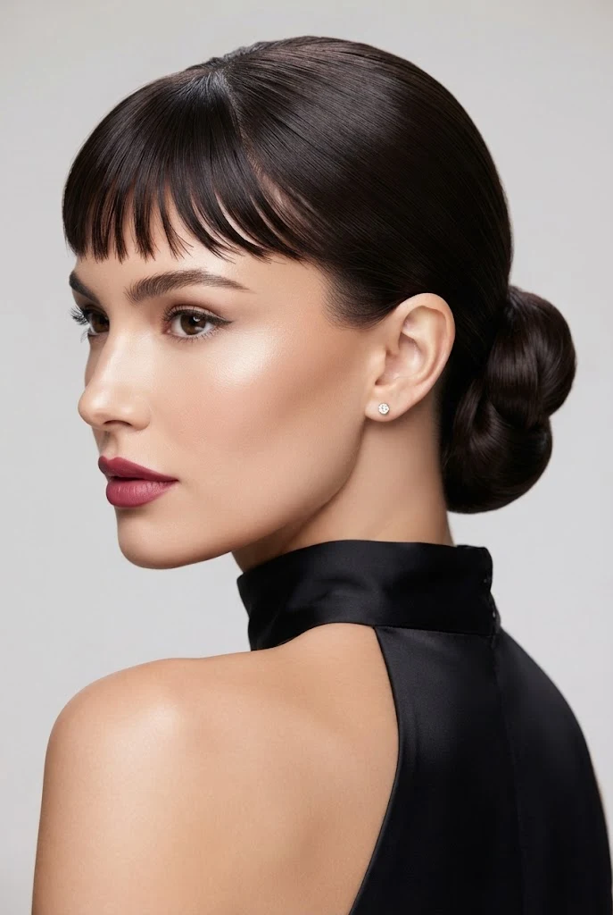 Sleek Low Knot with Textured Baby Bangs — peinados elegantes con flequillo style outfit