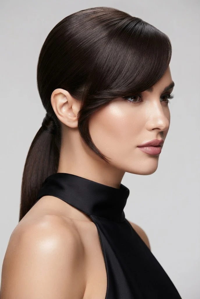 Sleek Low Ponytail with Heavy Side-Swept Fringe — peinados elegantes con flequillo style outfit