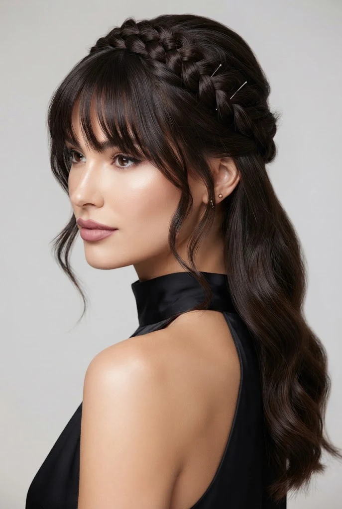 Half-Up Crown Braids with Piece-County Bangs — peinados elegantes con flequillo style outfit