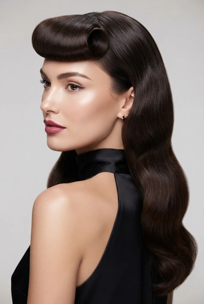 Hollywood Waves with Retro Roll Bangs — peinados elegantes con flequillo style outfit