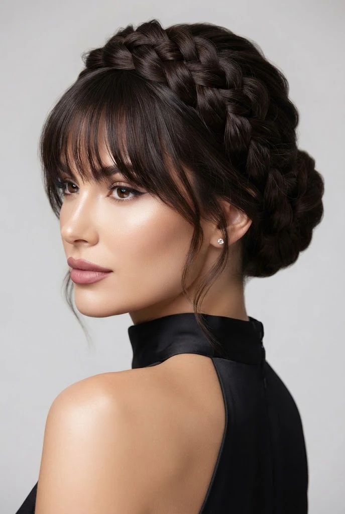 Braided Crown Updo with Wispy Bangs — peinados elegantes con flequillo style outfit