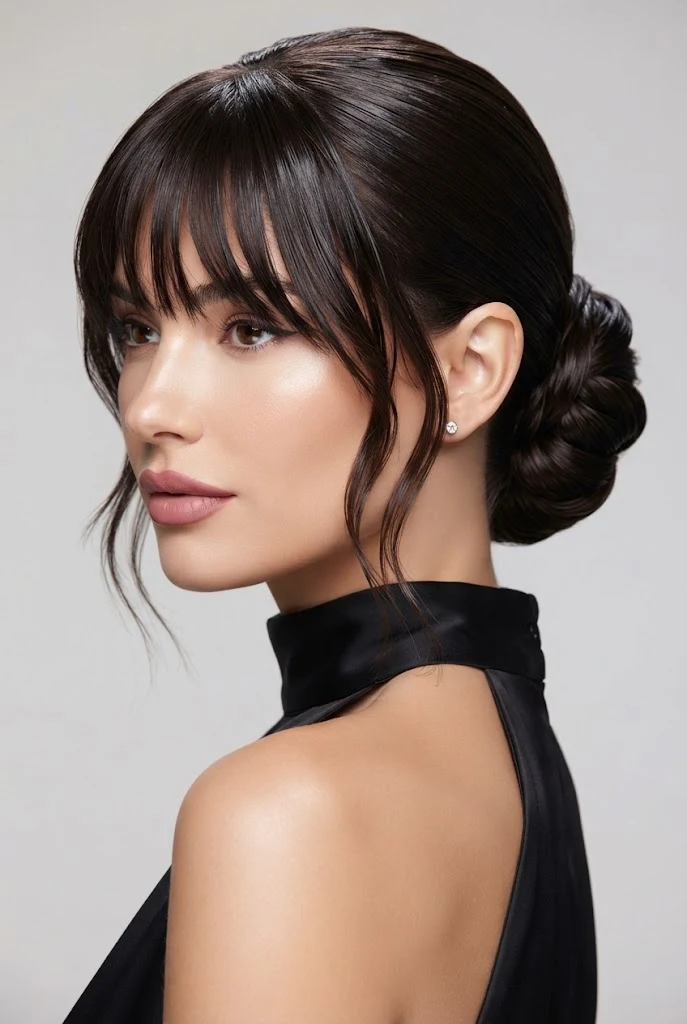 Wet-Look Sleek Updo with Textured Fringe — peinados elegantes con flequillo style outfit
