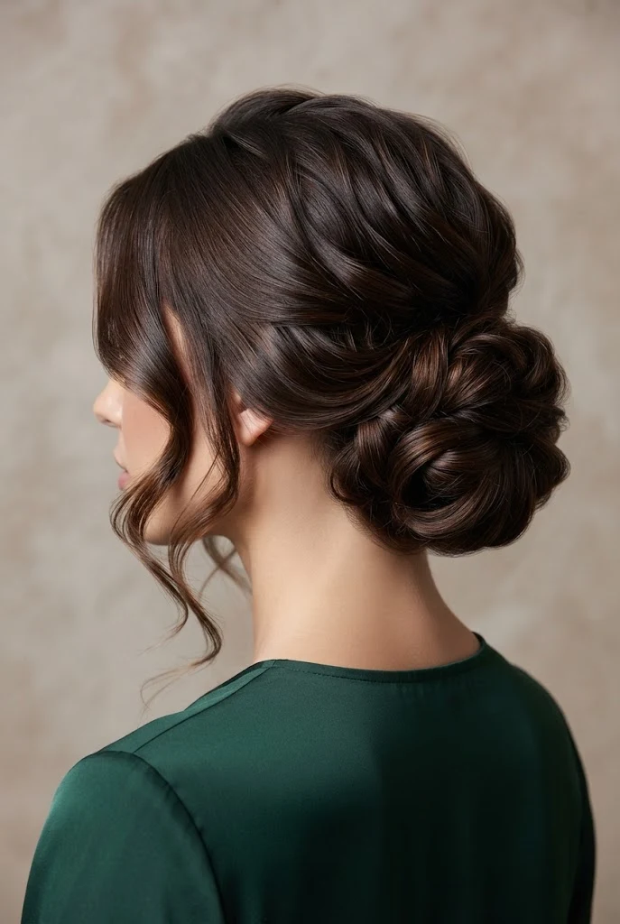 Low Messy Bun with Soft Tendrils — peinados elegantes con rizos style outfit