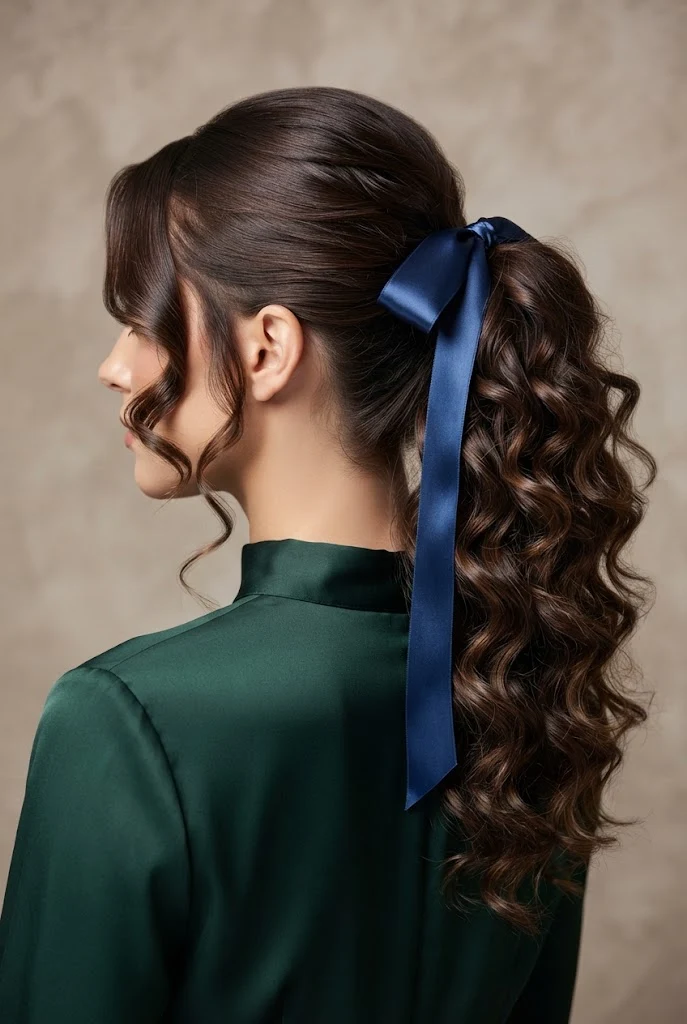 Textured Ponytail with Silk Ribbon — peinados elegantes con rizos style outfit