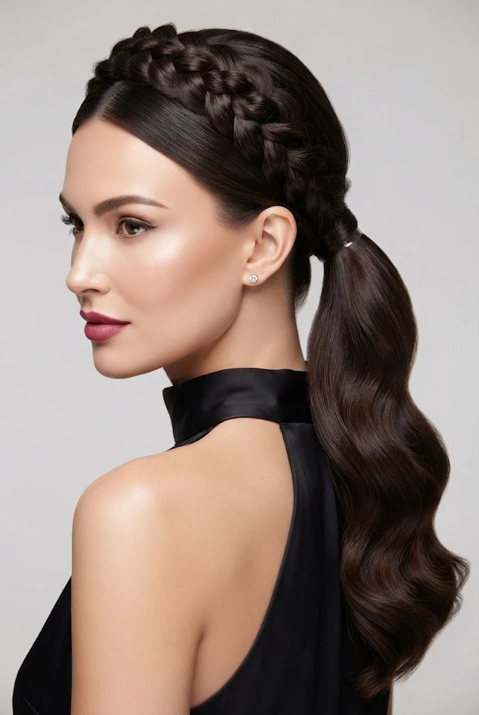 Sleek Glass-Finish Half-Up — peinados elegantes con trenzas style outfit