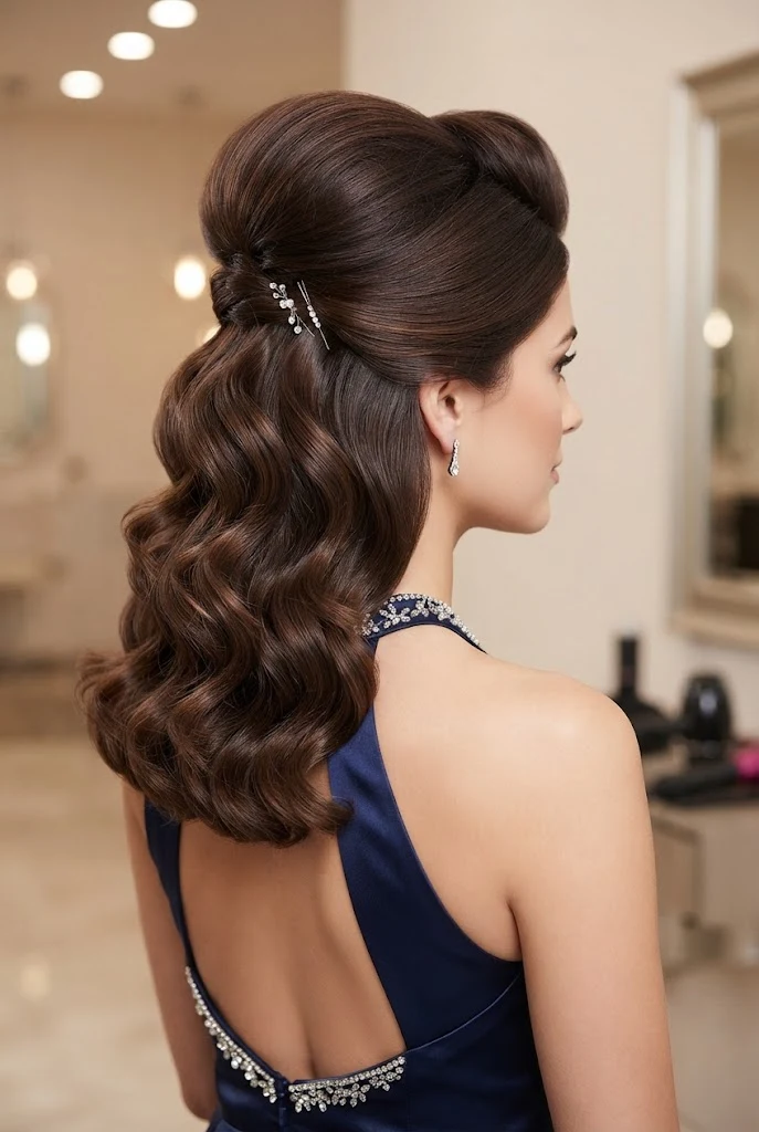 Glamorous Up-Swept Pomp Half-Up — peinados elegantes de noche fiestas style outfit