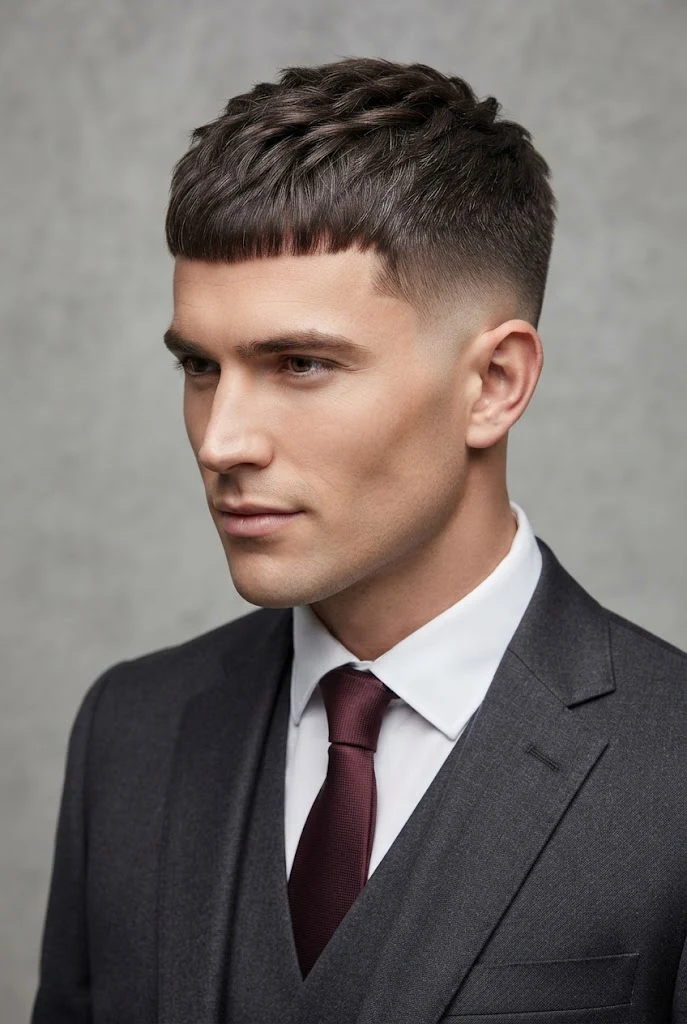 The Velvet-Finish Caesar Cut — peinados elegantes hombre style outfit