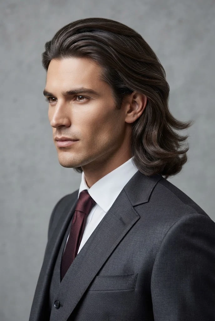 The Brushed-Back Flow for Long Hair — peinados elegantes hombre style outfit