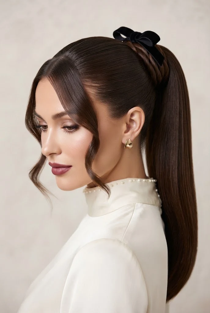 The Sleek Wrapped-Base Pony with Velvet Bow — peinados elegantes para boda style outfit
