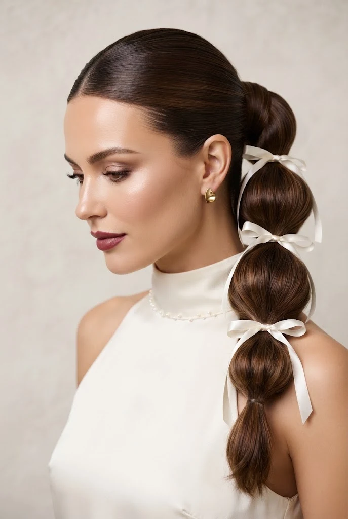 Bubble Ponytail with Satin Ribbon Accents — peinados elegantes para boda style outfit