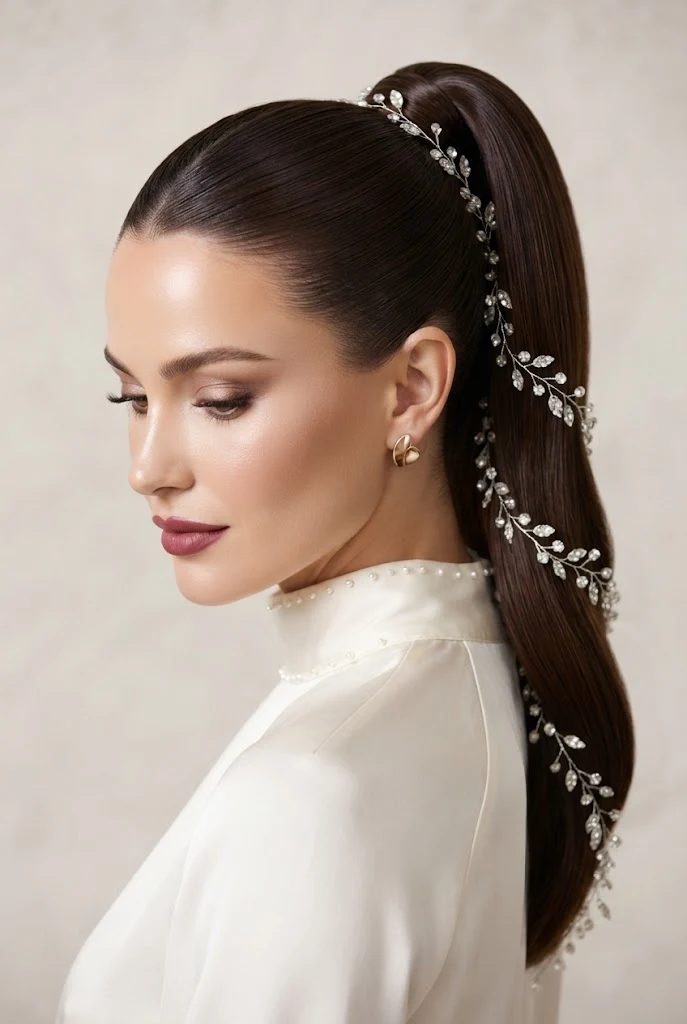 Polished High Tail with Crystal Hair Vine — peinados elegantes para boda style outfit