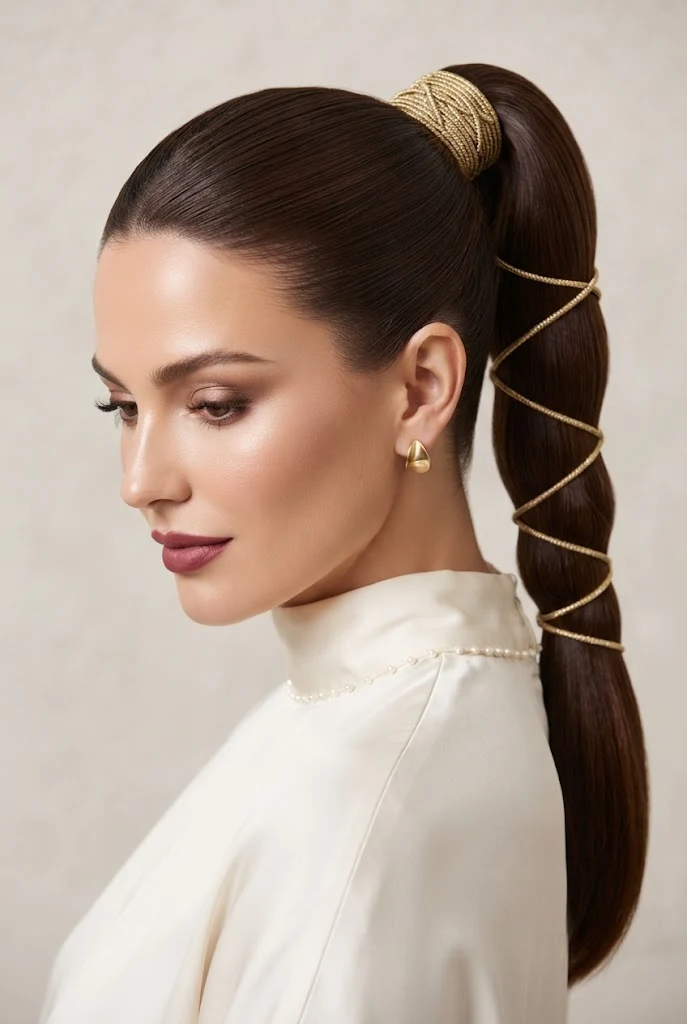 High Ponytail Wrapped in Gold Metallic Cording — peinados elegantes para boda style outfit