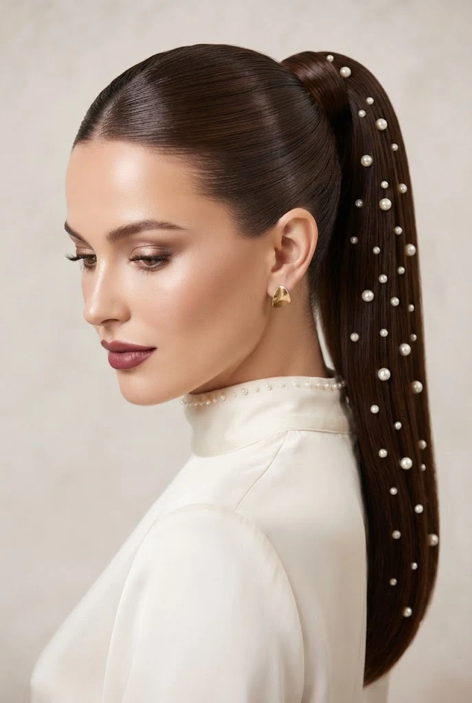 Sleek High Tail with Pearl Pin Embellishments — peinados elegantes para boda style outfit