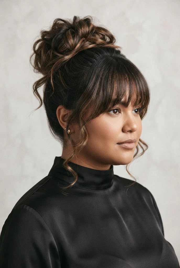 Messy High Bun with Bangs — peinados elegantes para cara redonda style outfit