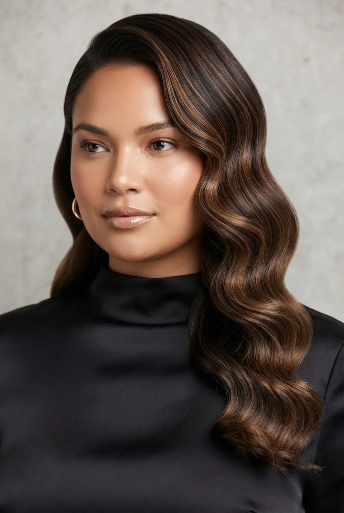 Asymmetrical Side-Swept Hollywood Waves — peinados elegantes para cara redonda style outfit