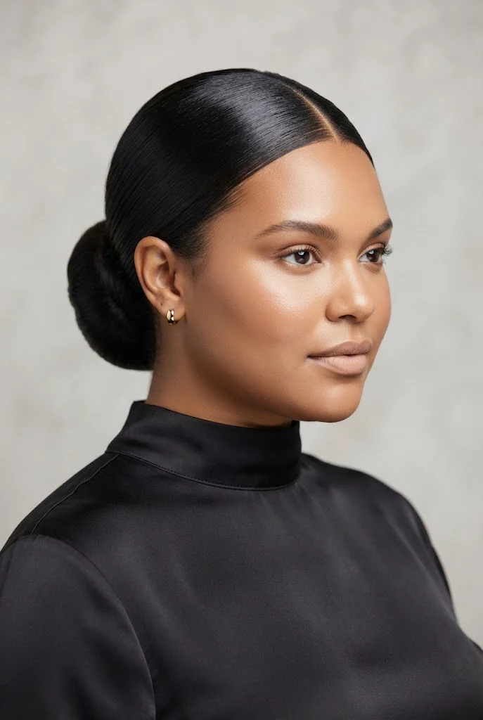 Sleek Center-Parted Low Bun — peinados elegantes para cara redonda style outfit