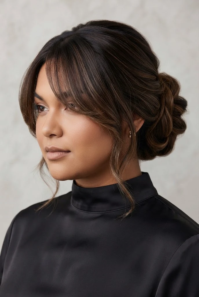 Messy Textured Chignon with Side Fringe — peinados elegantes para cara redonda style outfit