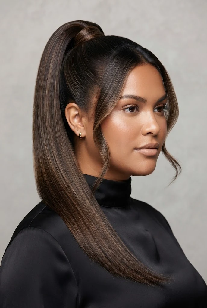 Sleek High Ponytail with Face-Framing Wisps — peinados elegantes para cara redonda style outfit