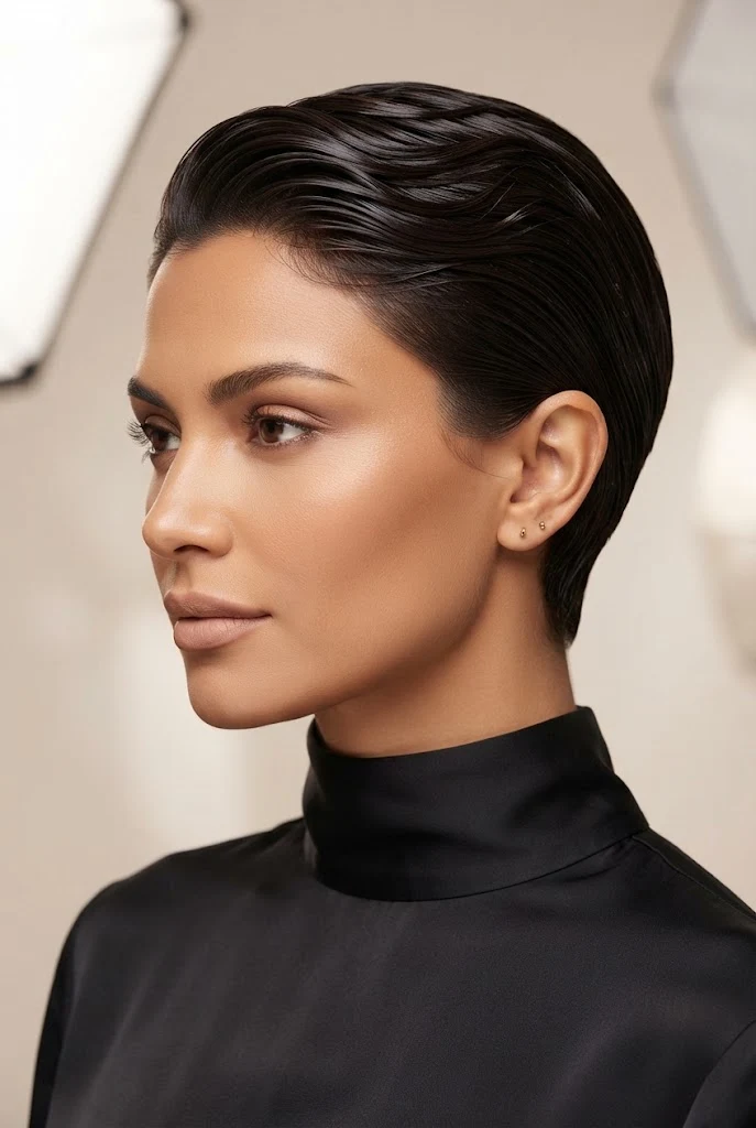 The Sculpted Wet-Look Pixie — peinados elegantes para pelo corto style outfit
