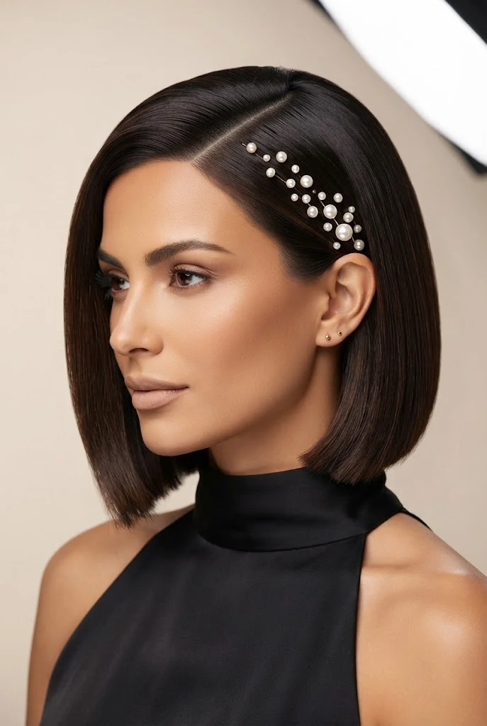 Sleek Side-Swept Bob with Pearl Pins — peinados elegantes para pelo corto style outfit
