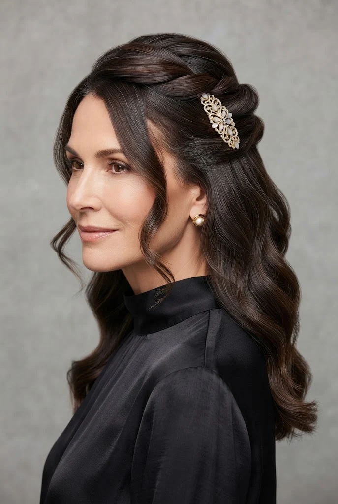 Elegant Half-Up Twist with Decorative Barrette — peinados elegantes para seÃ±oras style outfit