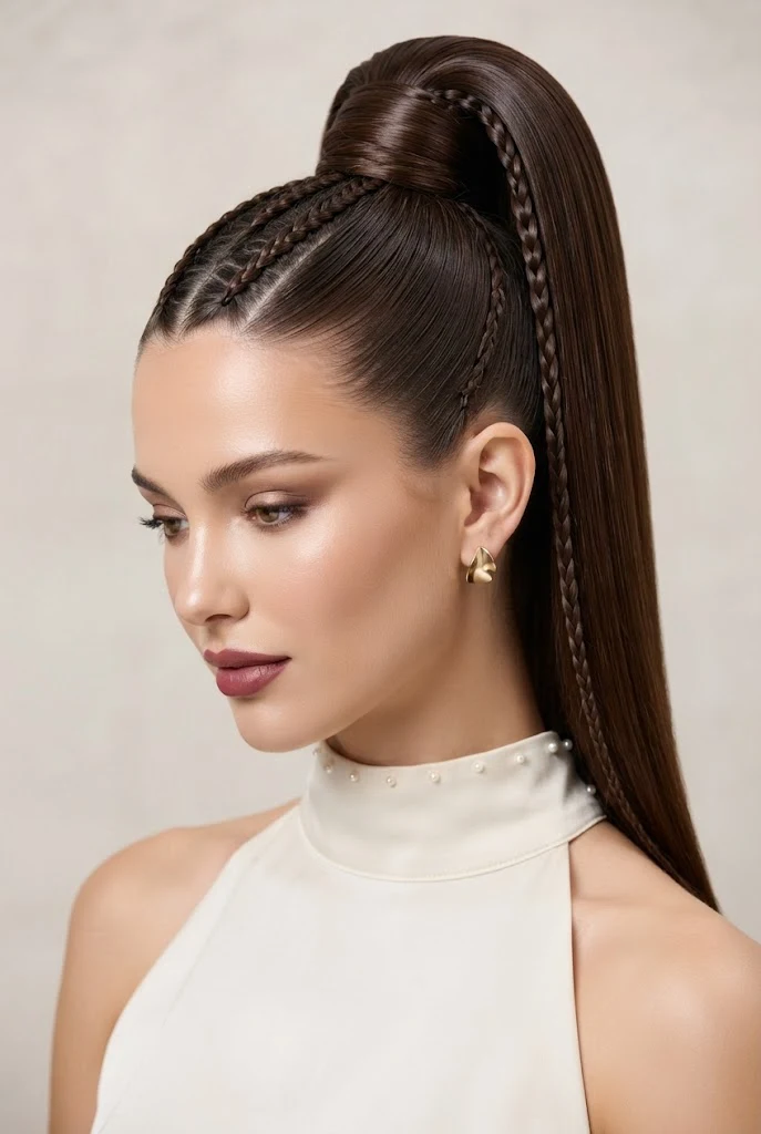 High Ponytail with Micro-Braided Accent Strands — peinados elegantes para xv style outfit
