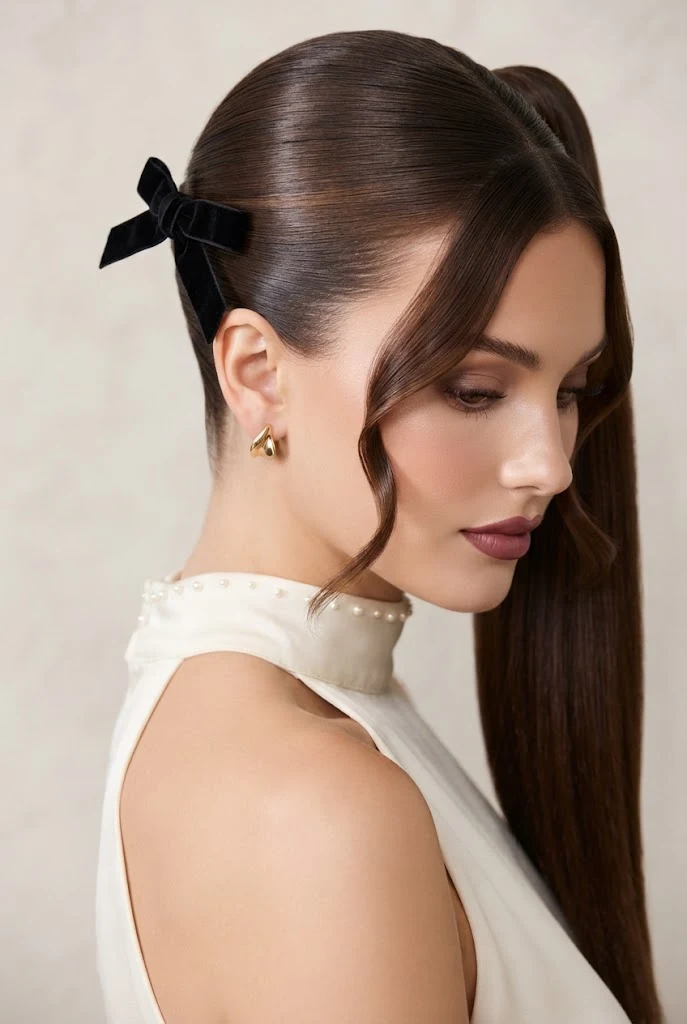 The Sleek Wrapped-Base Pony with Velvet Bow — peinados elegantes para xv style outfit