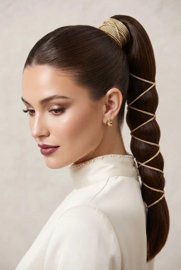High Ponytail Wrapped in Gold Metallic Cording — peinados elegantes para xv style outfit