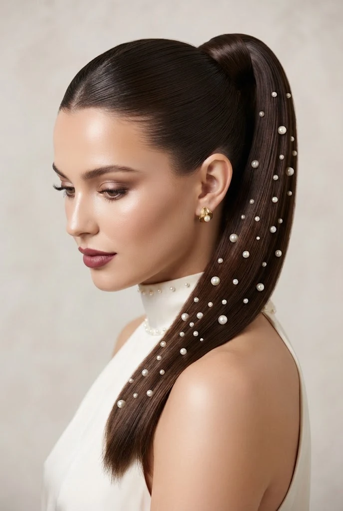 Sleek High Tail with Pearl Pin Embellishments — peinados elegantes para xv style outfit
