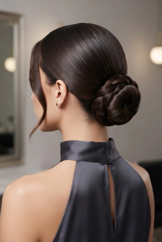Sleek Ballerina Bun with Center Part — peinados elegantes recogidos style outfit