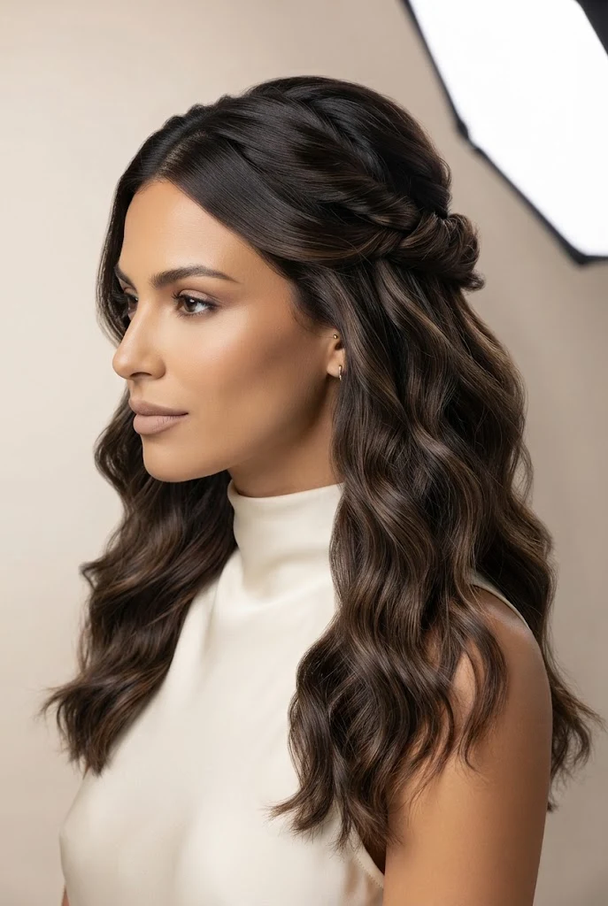 Loose Beach Waves Half-Up Twist — peinados elegantes semirecogidos style outfit