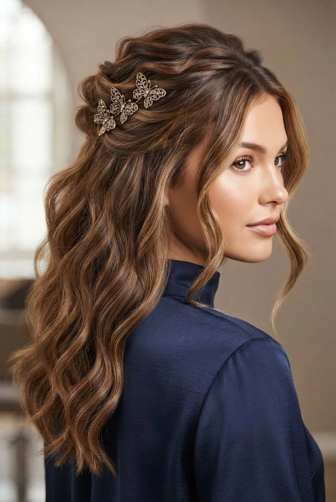 The Textured Butterfly-Clip Cascade — peinados elegantes sueltos de noche style outfit