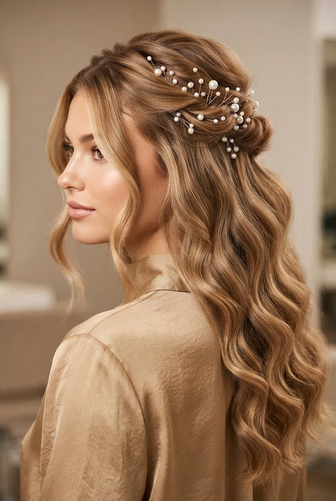 The Golden-Hour Pearl-Studded Flow — peinados elegantes sueltos de noche style outfit