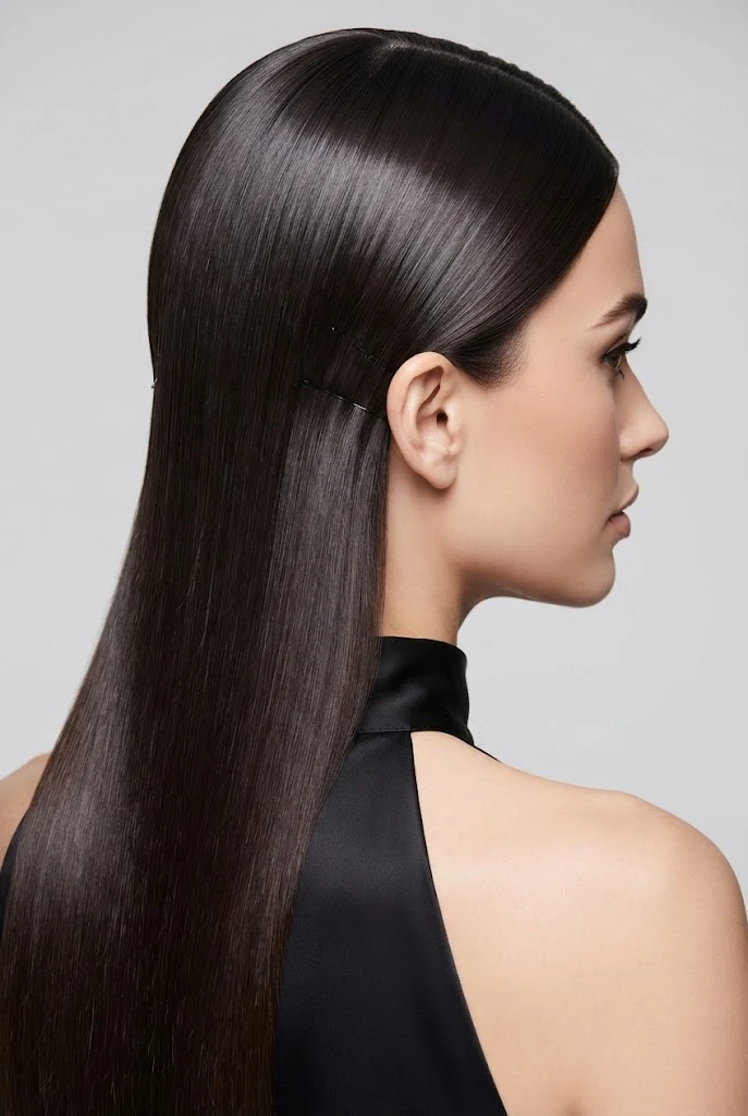 Glass-Hair Center Part with Hidden Pins — peinados elegantes sueltos lacio style outfit