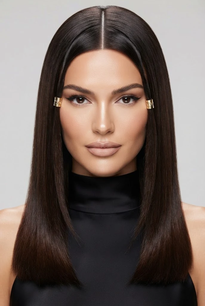 Sleek Center Part with Metallic Hair Cuffs — peinados elegantes sueltos lacio style outfit