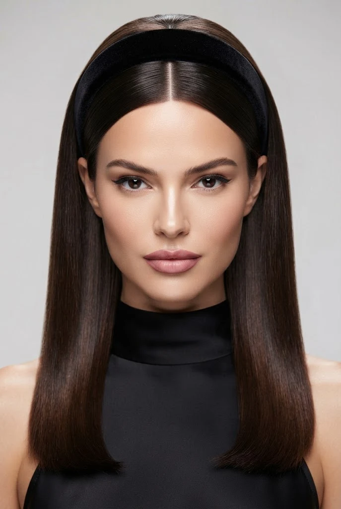 Sleek High-Gloss Polish with Velvet Headband — peinados elegantes sueltos lacio style outfit