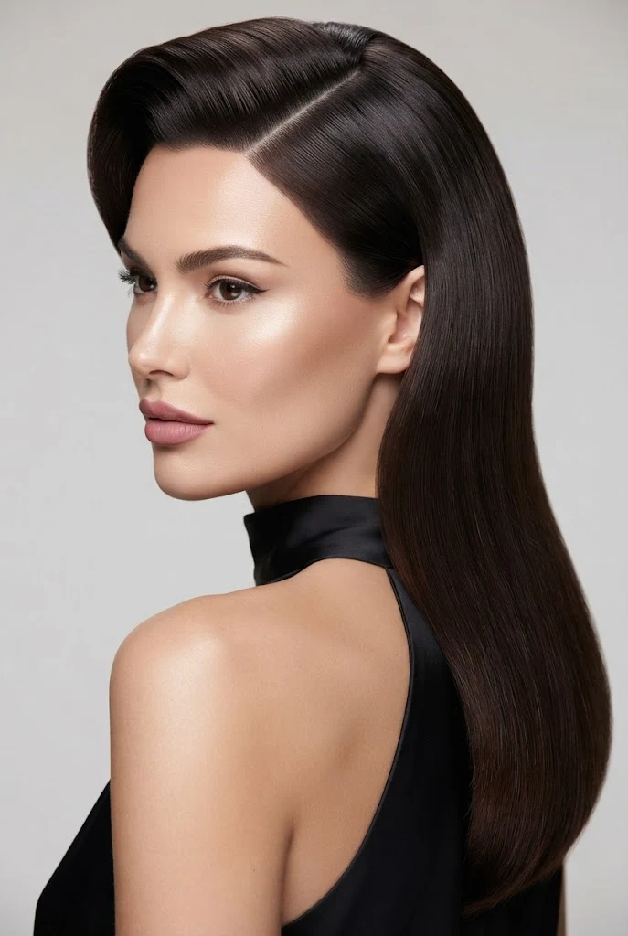 Deep Side Part with Dramatic Sweep — peinados elegantes sueltos lacio style outfit