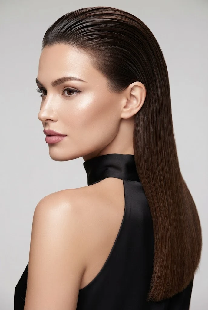 Wet-Look Glossy Crown with Straight Ends — peinados elegantes sueltos lacio style outfit